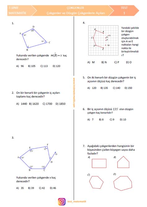 7 sınıf matematik çokgenler test çöz